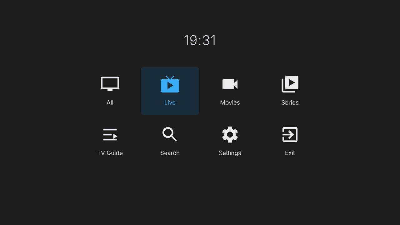 Home menu with tiles for live, movies, series, search and settings
