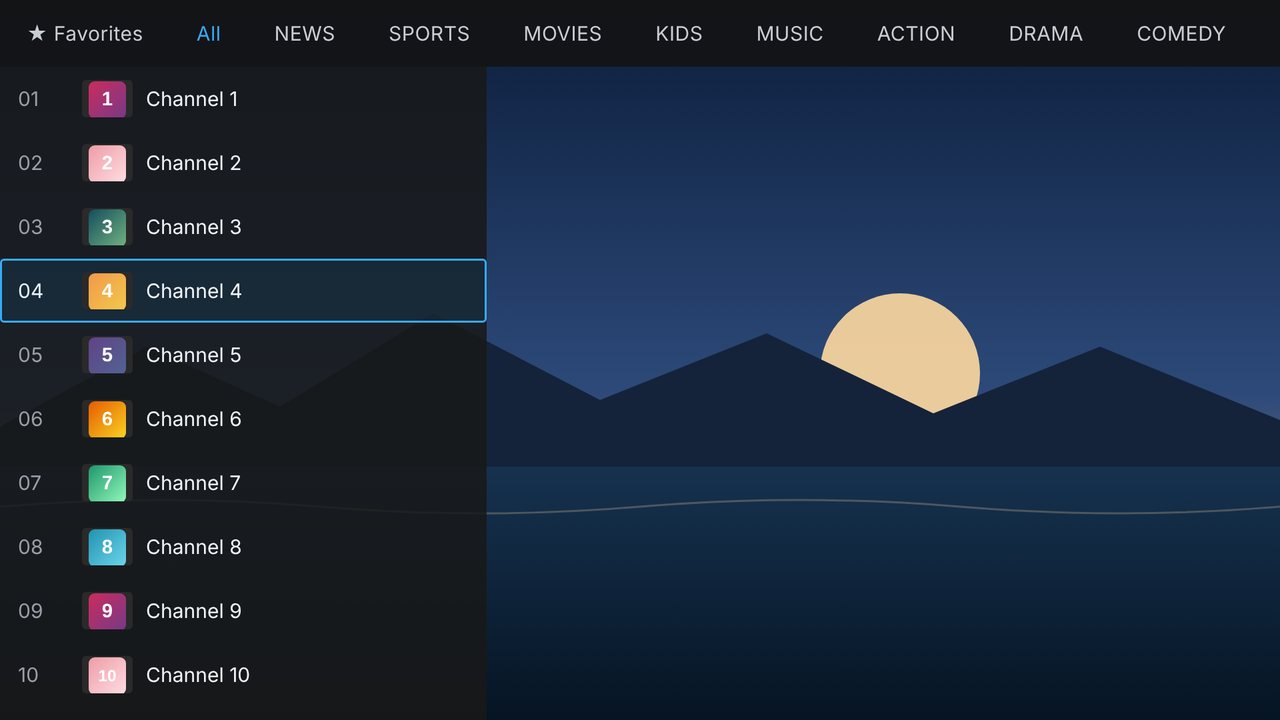 Stream2Player channel list with categories along the top