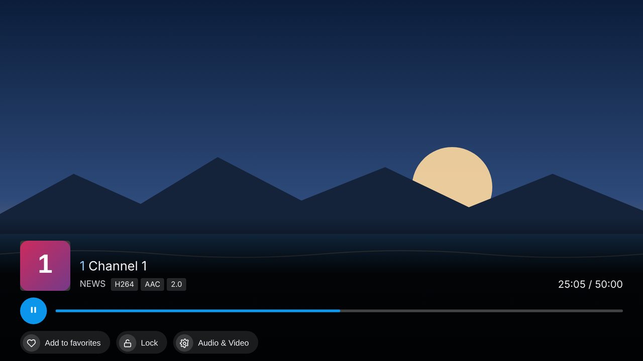 Live channel info bar showing codec details and a progress bar