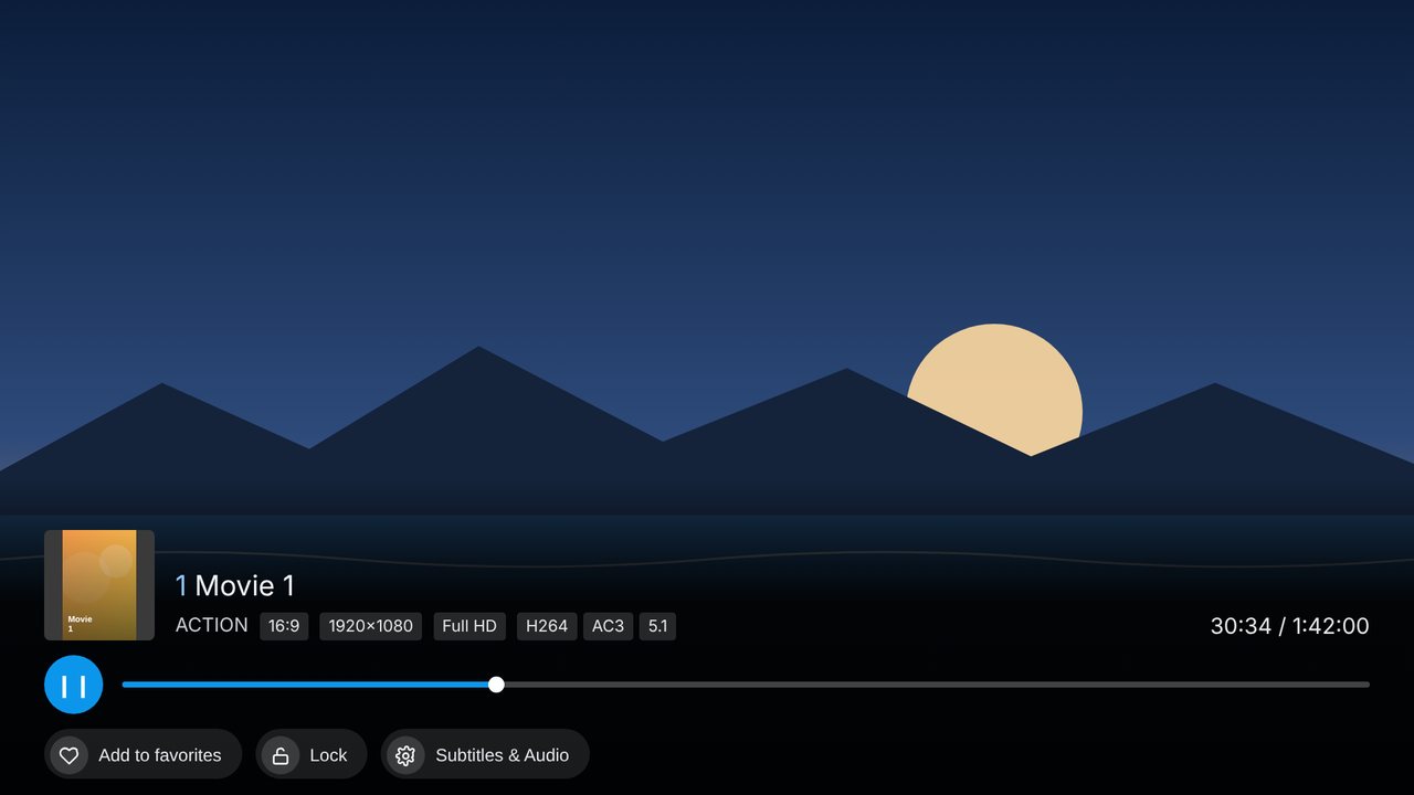 Movie playback controls with a progress bar and action buttons